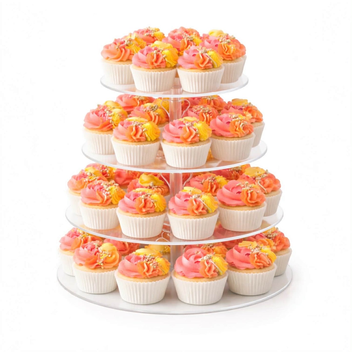 Four-tiered acrylic cupcake stand with cupcakes frosted in pink, yellow, and orange 