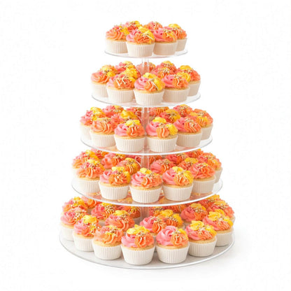 Five-tiered acrylic cupcake stand with cupcakes 