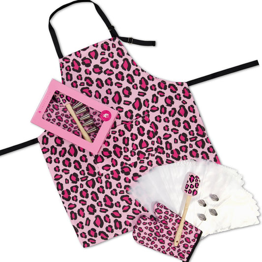 Baking Kit includes pink apron with leopard print apron, spatula, oven mit, piping bags, 50 piping bags for cupcake decorating