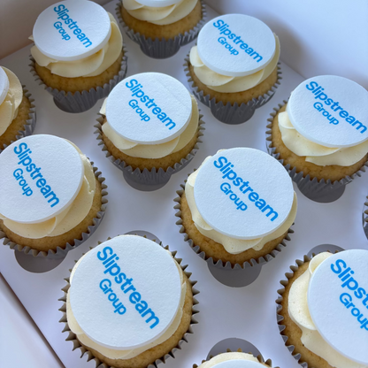 Standard sizes cupcakes with edible image corporate logo 'Slipstream Group' on fondant topper