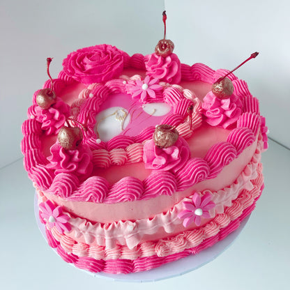 Pink vintage birthday 8 inch cake with fondant topper, cherries & pink buttercream