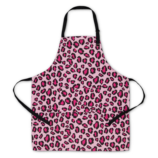 Pink apron with black leopard print pattern 