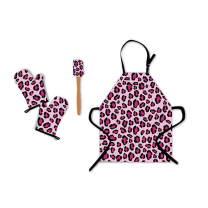 Pink leopard print apron, oven mitt, and spatula 