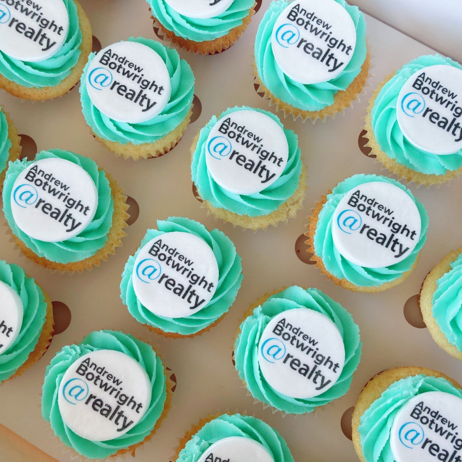 Mini size corporate logo cupcakes with edibile image on fondant topper 