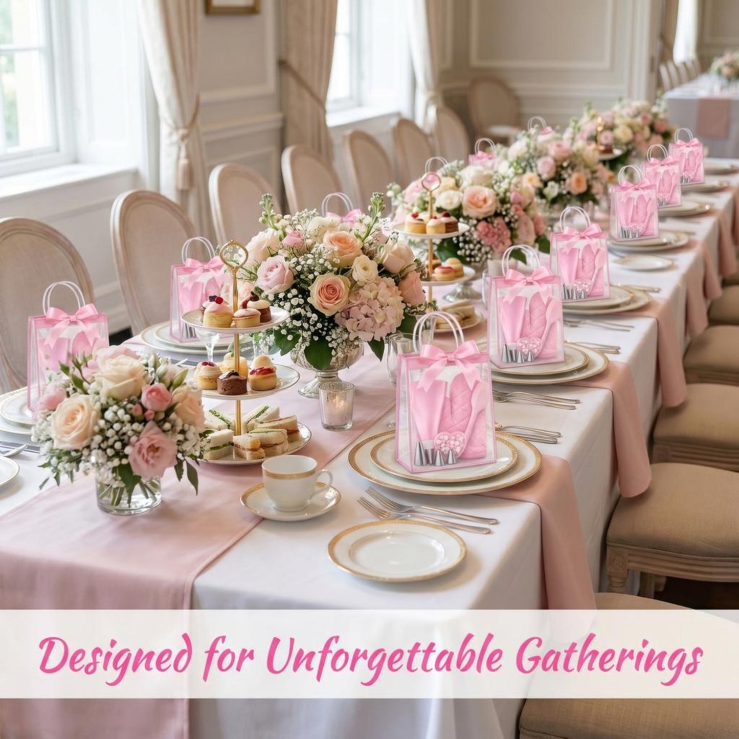 Decorated table with flowers and pink bags in a formal setting