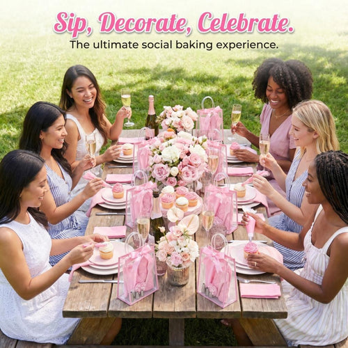 Sip & Cupcake Decorating Class. Group of women enjoying a social gathering with pink baking kits, cupcakes outdoors.