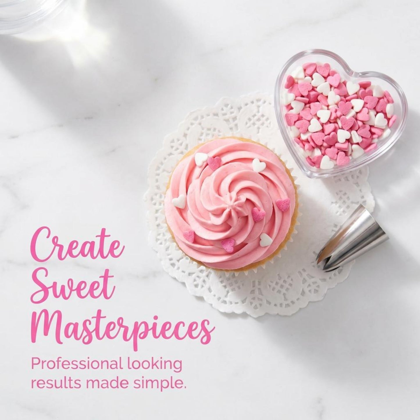Pink frosted cupcake with heart-shaped container of sprinkles with text 'Create Sweet Masterpieces'.