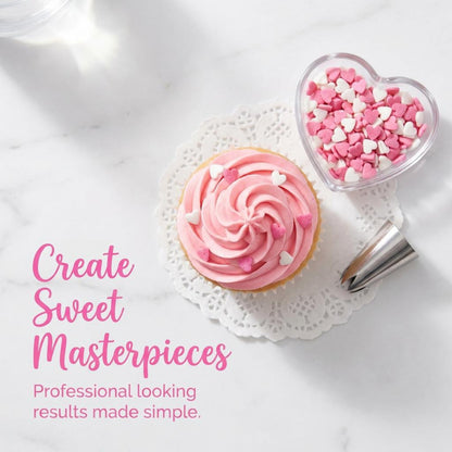 Pink frosted cupcake with heart-shaped container of sprinkles with text 'Create Sweet Masterpieces'.
