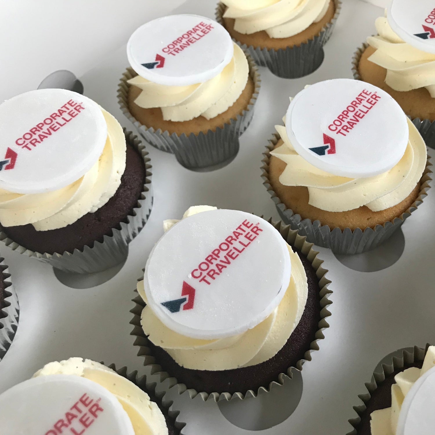 Standard size corporate logo cupcakes with edibile image on fondant topper 