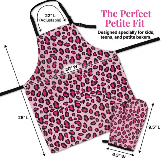 Pink apron with leopard print design and measurements 