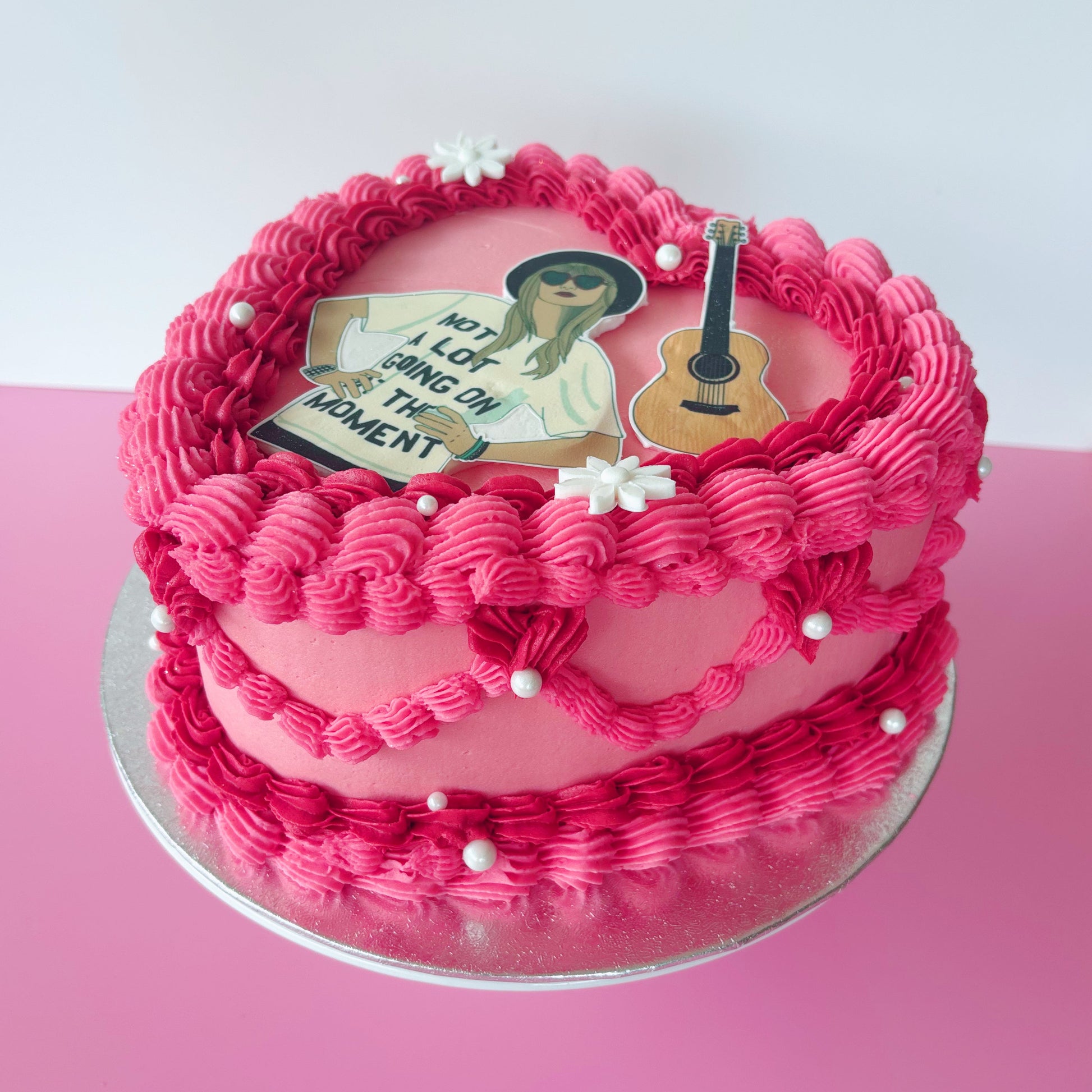 Pink 8 inch heart cake with edible images & pink vintage buttercream piping
